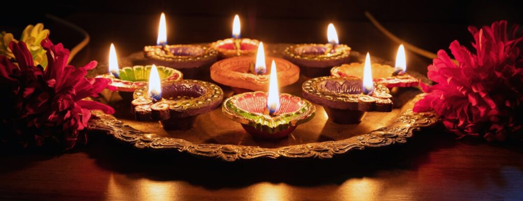 Diwali. Diya oil lamps lit at Deepavali celebration. Hindu Festival of lights India.